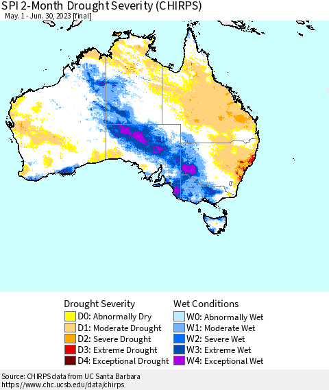 Australia SPI 2-Month Drought Severity (CHIRPS) Thematic Map For 5/1/2023 - 6/30/2023