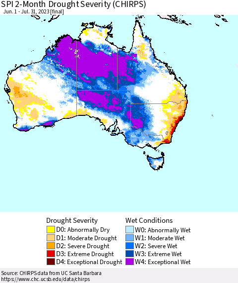 Australia SPI 2-Month Drought Severity (CHIRPS) Thematic Map For 6/1/2023 - 7/31/2023