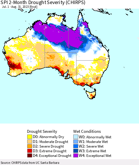 Australia SPI 2-Month Drought Severity (CHIRPS) Thematic Map For 7/1/2023 - 8/31/2023