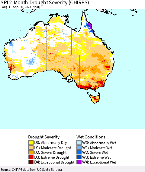 Australia SPI 2-Month Drought Severity (CHIRPS) Thematic Map For 8/1/2023 - 9/30/2023