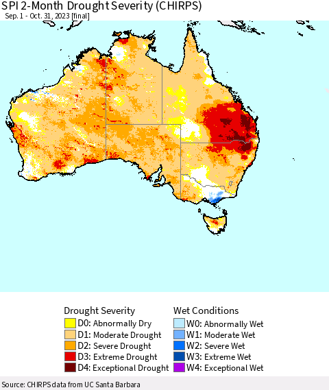 Australia SPI 2-Month Drought Severity (CHIRPS) Thematic Map For 9/1/2023 - 10/31/2023