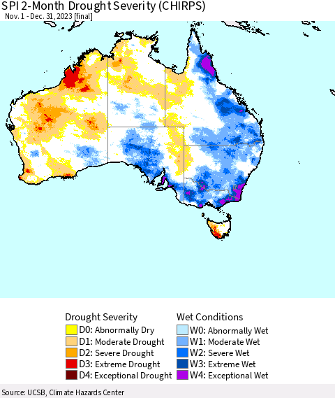 Australia SPI 2-Month Drought Severity (CHIRPS) Thematic Map For 11/1/2023 - 12/31/2023