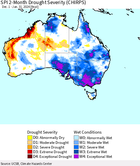 Australia SPI 2-Month Drought Severity (CHIRPS) Thematic Map For 12/1/2023 - 1/31/2024