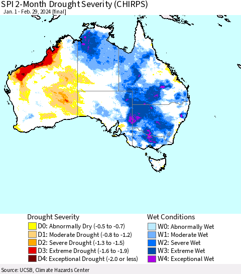 Australia SPI 2-Month Drought Severity (CHIRPS) Thematic Map For 1/1/2024 - 2/29/2024