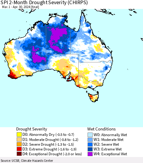 Australia SPI 2-Month Drought Severity (CHIRPS) Thematic Map For 3/1/2024 - 4/30/2024