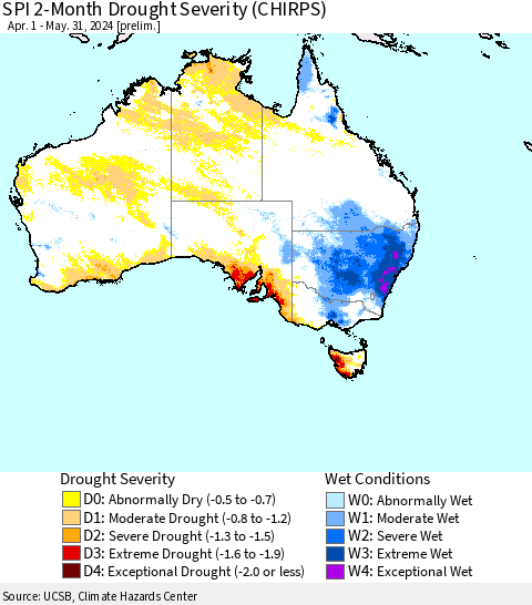 Australia SPI 2-Month Drought Severity (CHIRPS) Thematic Map For 4/1/2024 - 5/31/2024