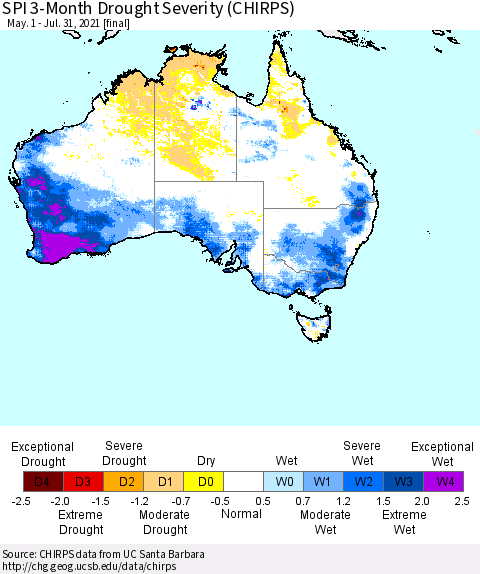 Australia SPI 3-Month Drought Severity (CHIRPS) Thematic Map For 5/1/2021 - 7/31/2021