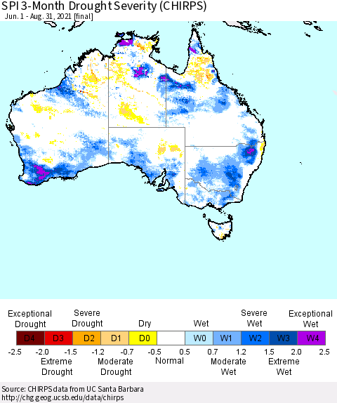 Australia SPI 3-Month Drought Severity (CHIRPS) Thematic Map For 6/1/2021 - 8/31/2021