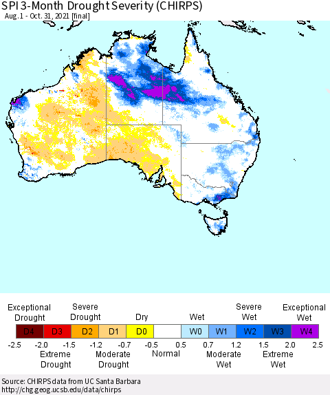 Australia SPI 3-Month Drought Severity (CHIRPS) Thematic Map For 8/1/2021 - 10/31/2021