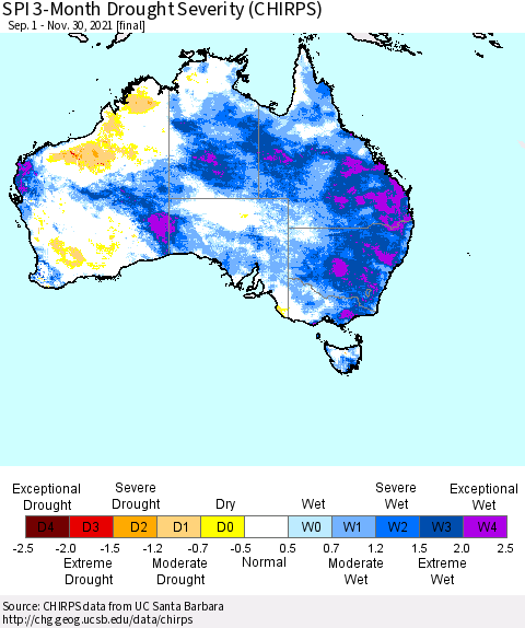 Australia SPI 3-Month Drought Severity (CHIRPS) Thematic Map For 9/1/2021 - 11/30/2021