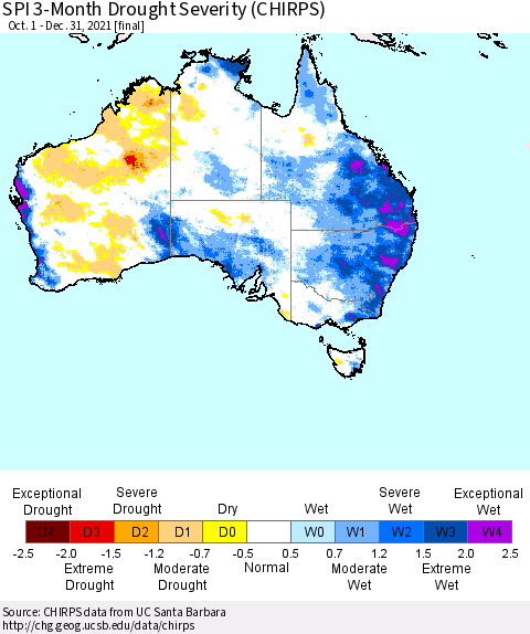 Australia SPI 3-Month Drought Severity (CHIRPS) Thematic Map For 10/1/2021 - 12/31/2021