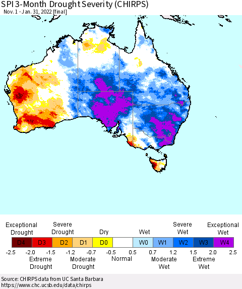 Australia SPI 3-Month Drought Severity (CHIRPS) Thematic Map For 11/1/2021 - 1/31/2022