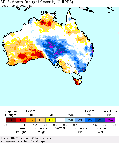 Australia SPI 3-Month Drought Severity (CHIRPS) Thematic Map For 12/1/2021 - 2/28/2022