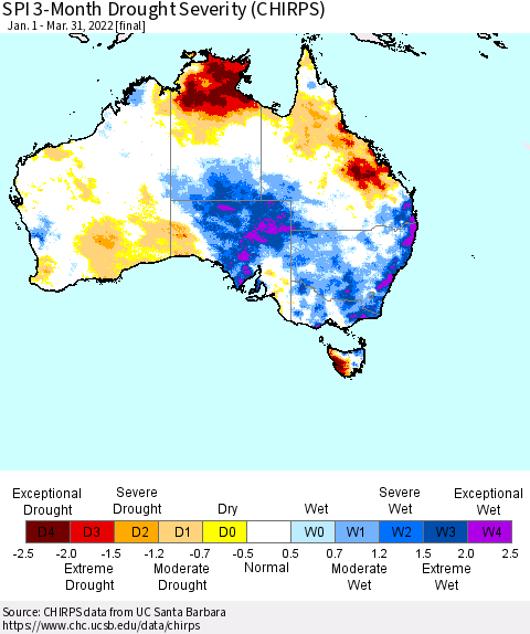 Australia SPI 3-Month Drought Severity (CHIRPS) Thematic Map For 1/1/2022 - 3/31/2022