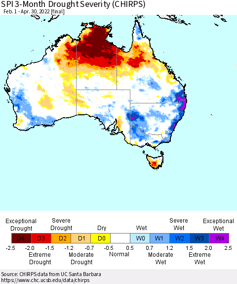 Australia SPI 3-Month Drought Severity (CHIRPS) Thematic Map For 2/1/2022 - 4/30/2022