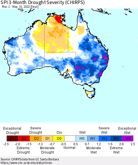 Australia SPI 3-Month Drought Severity (CHIRPS) Thematic Map For 3/1/2022 - 5/31/2022