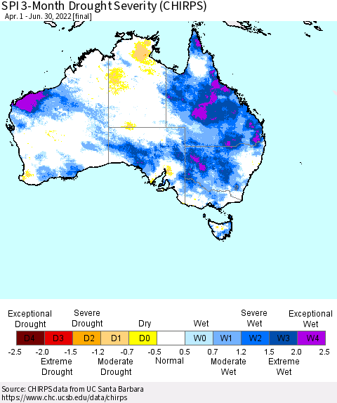 Australia SPI 3-Month Drought Severity (CHIRPS) Thematic Map For 4/1/2022 - 6/30/2022