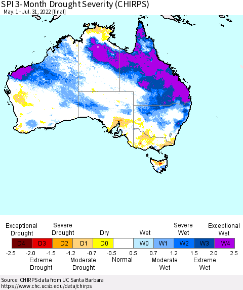 Australia SPI 3-Month Drought Severity (CHIRPS) Thematic Map For 5/1/2022 - 7/31/2022