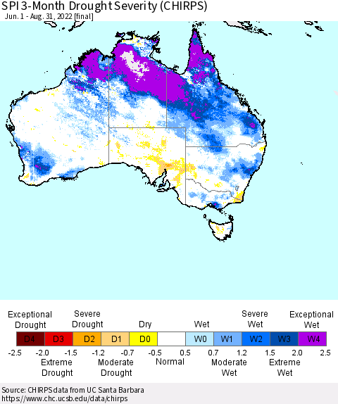 Australia SPI 3-Month Drought Severity (CHIRPS) Thematic Map For 6/1/2022 - 8/31/2022