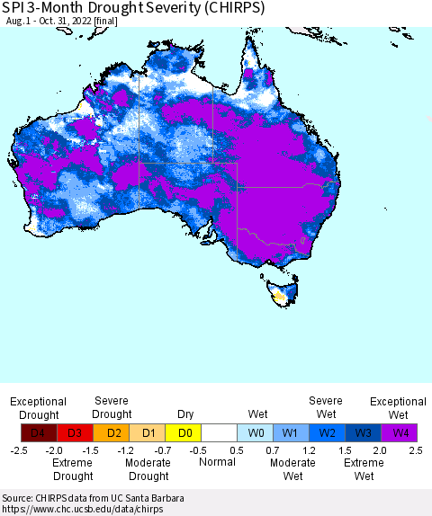 Australia SPI 3-Month Drought Severity (CHIRPS) Thematic Map For 8/1/2022 - 10/31/2022