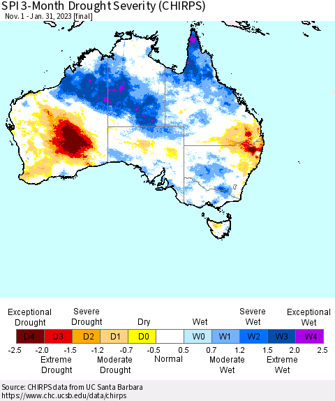 Australia SPI 3-Month Drought Severity (CHIRPS) Thematic Map For 11/1/2022 - 1/31/2023