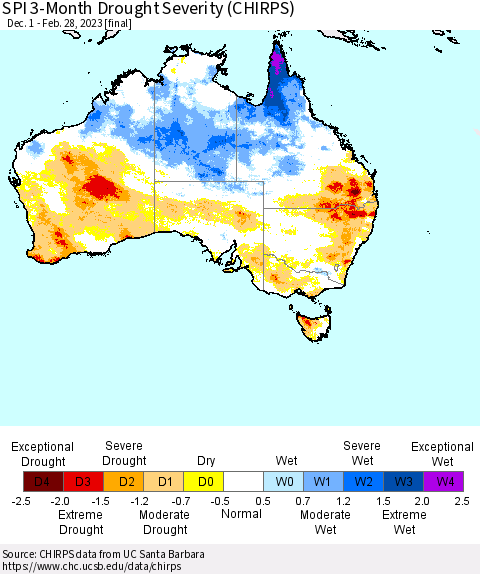 Australia SPI 3-Month Drought Severity (CHIRPS) Thematic Map For 12/1/2022 - 2/28/2023