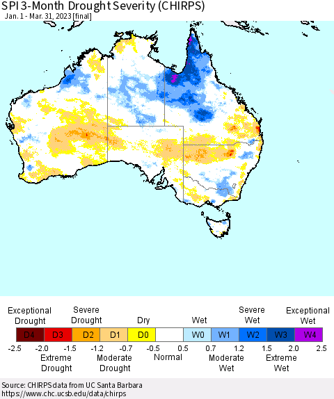 Australia SPI 3-Month Drought Severity (CHIRPS) Thematic Map For 1/1/2023 - 3/31/2023