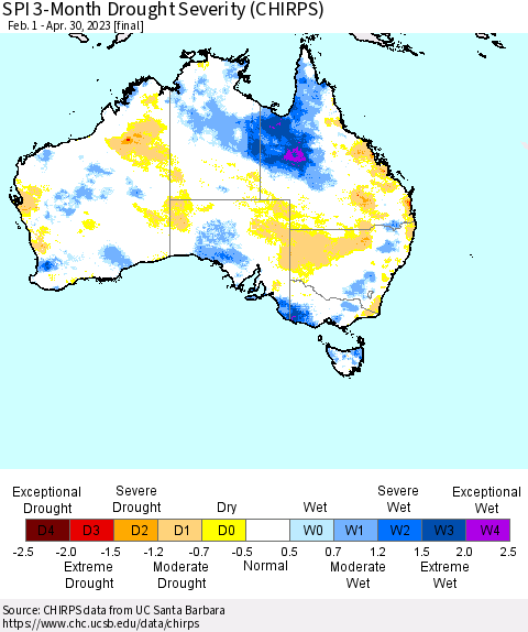 Australia SPI 3-Month Drought Severity (CHIRPS) Thematic Map For 2/1/2023 - 4/30/2023
