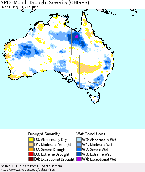 Australia SPI 3-Month Drought Severity (CHIRPS) Thematic Map For 3/1/2023 - 5/31/2023