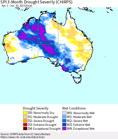 Australia SPI 3-Month Drought Severity (CHIRPS) Thematic Map For 4/1/2023 - 6/30/2023