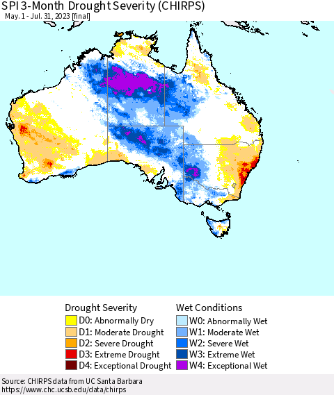 Australia SPI 3-Month Drought Severity (CHIRPS) Thematic Map For 5/1/2023 - 7/31/2023