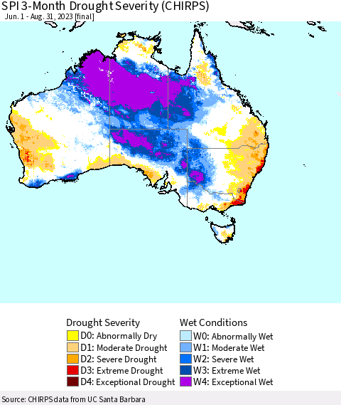 Australia SPI 3-Month Drought Severity (CHIRPS) Thematic Map For 6/1/2023 - 8/31/2023