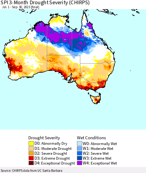 Australia SPI 3-Month Drought Severity (CHIRPS) Thematic Map For 7/1/2023 - 9/30/2023