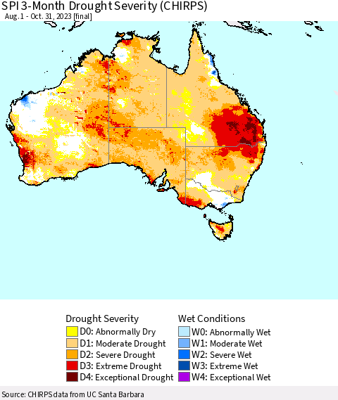 Australia SPI 3-Month Drought Severity (CHIRPS) Thematic Map For 8/1/2023 - 10/31/2023