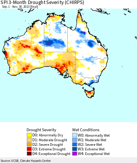 Australia SPI 3-Month Drought Severity (CHIRPS) Thematic Map For 9/1/2023 - 11/30/2023