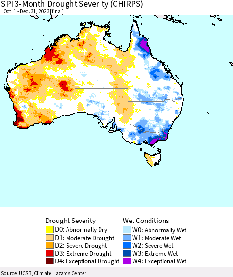 Australia SPI 3-Month Drought Severity (CHIRPS) Thematic Map For 10/1/2023 - 12/31/2023