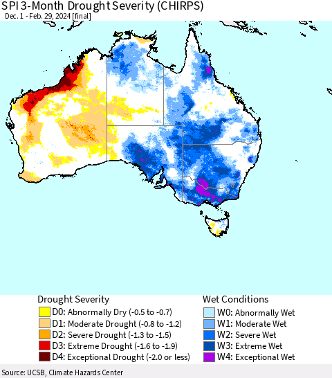 Australia SPI 3-Month Drought Severity (CHIRPS) Thematic Map For 12/1/2023 - 2/29/2024
