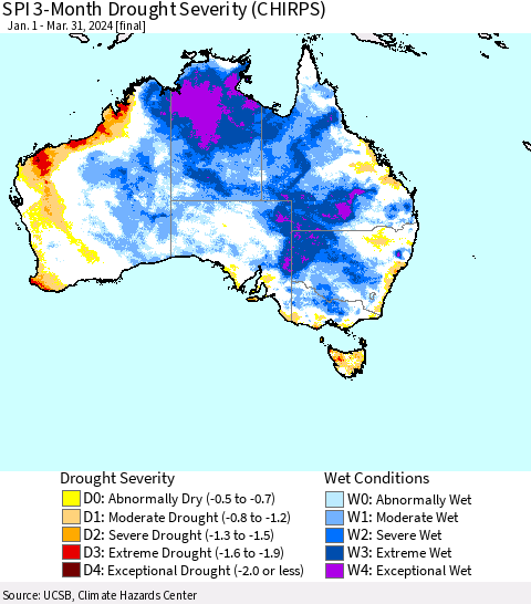 Australia SPI 3-Month Drought Severity (CHIRPS) Thematic Map For 1/1/2024 - 3/31/2024
