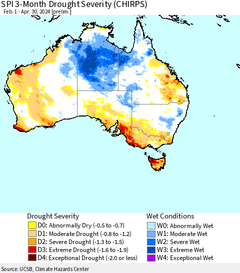Australia SPI 3-Month Drought Severity (CHIRPS) Thematic Map For 2/1/2024 - 4/30/2024