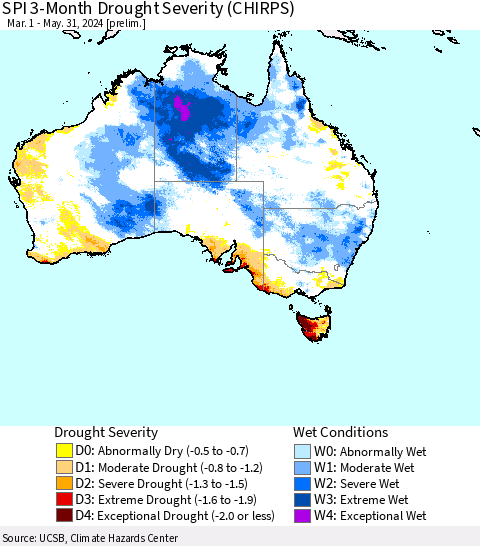Australia SPI 3-Month Drought Severity (CHIRPS) Thematic Map For 3/1/2024 - 5/31/2024