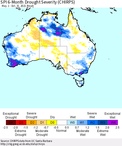 Australia SPI 6-Month Drought Severity (CHIRPS) Thematic Map For 5/1/2021 - 10/31/2021