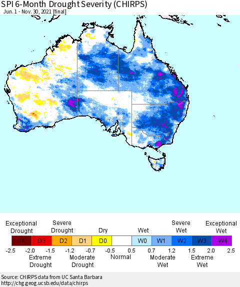 Australia SPI 6-Month Drought Severity (CHIRPS) Thematic Map For 6/1/2021 - 11/30/2021
