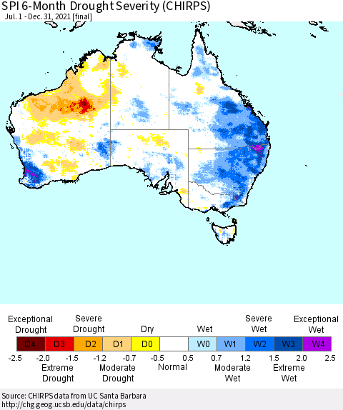Australia SPI 6-Month Drought Severity (CHIRPS) Thematic Map For 7/1/2021 - 12/31/2021
