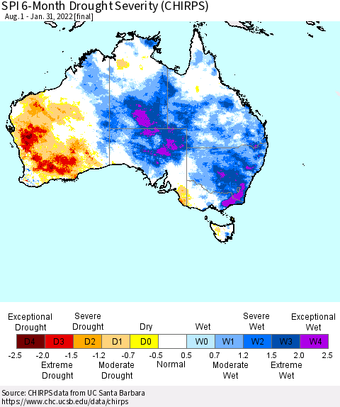 Australia SPI 6-Month Drought Severity (CHIRPS) Thematic Map For 8/1/2021 - 1/31/2022