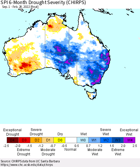 Australia SPI 6-Month Drought Severity (CHIRPS) Thematic Map For 9/1/2021 - 2/28/2022