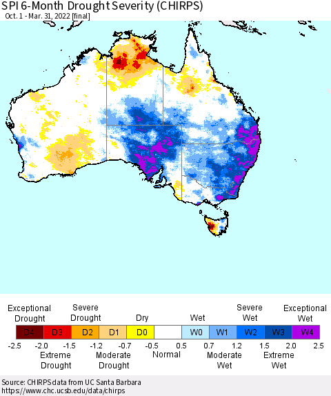 Australia SPI 6-Month Drought Severity (CHIRPS) Thematic Map For 10/1/2021 - 3/31/2022