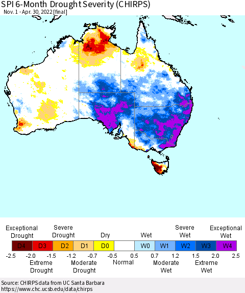 Australia SPI 6-Month Drought Severity (CHIRPS) Thematic Map For 11/1/2021 - 4/30/2022