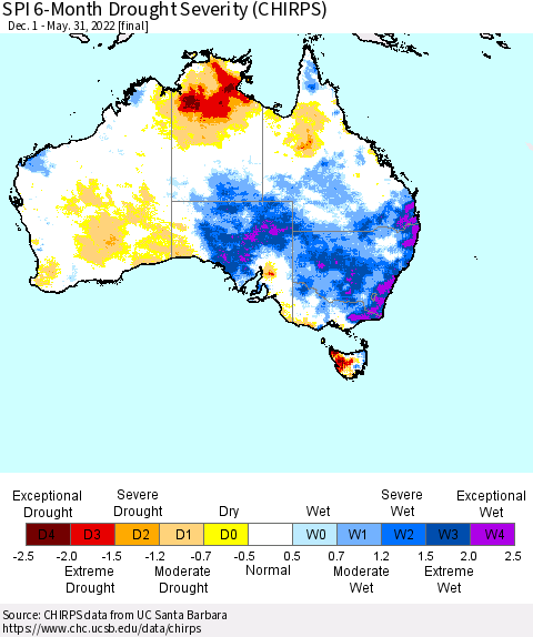 Australia SPI 6-Month Drought Severity (CHIRPS) Thematic Map For 12/1/2021 - 5/31/2022
