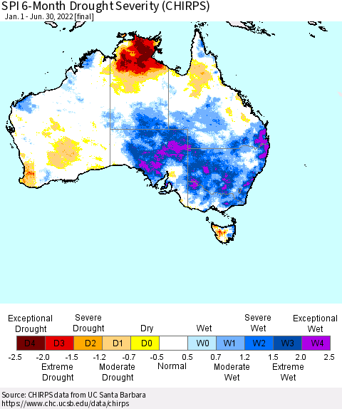 Australia SPI 6-Month Drought Severity (CHIRPS) Thematic Map For 1/1/2022 - 6/30/2022