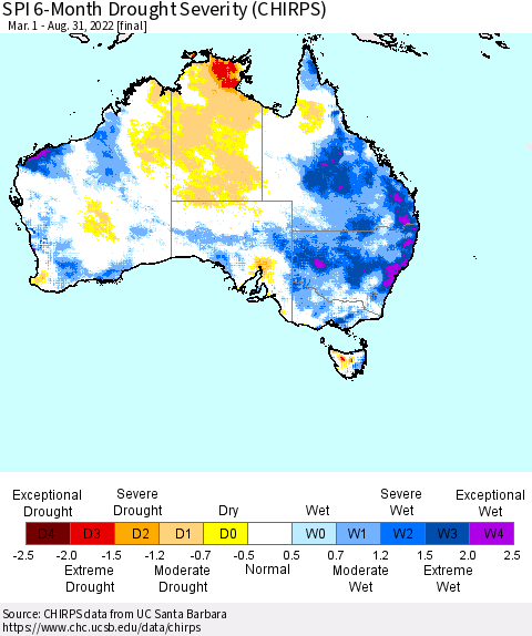 Australia SPI 6-Month Drought Severity (CHIRPS) Thematic Map For 3/1/2022 - 8/31/2022